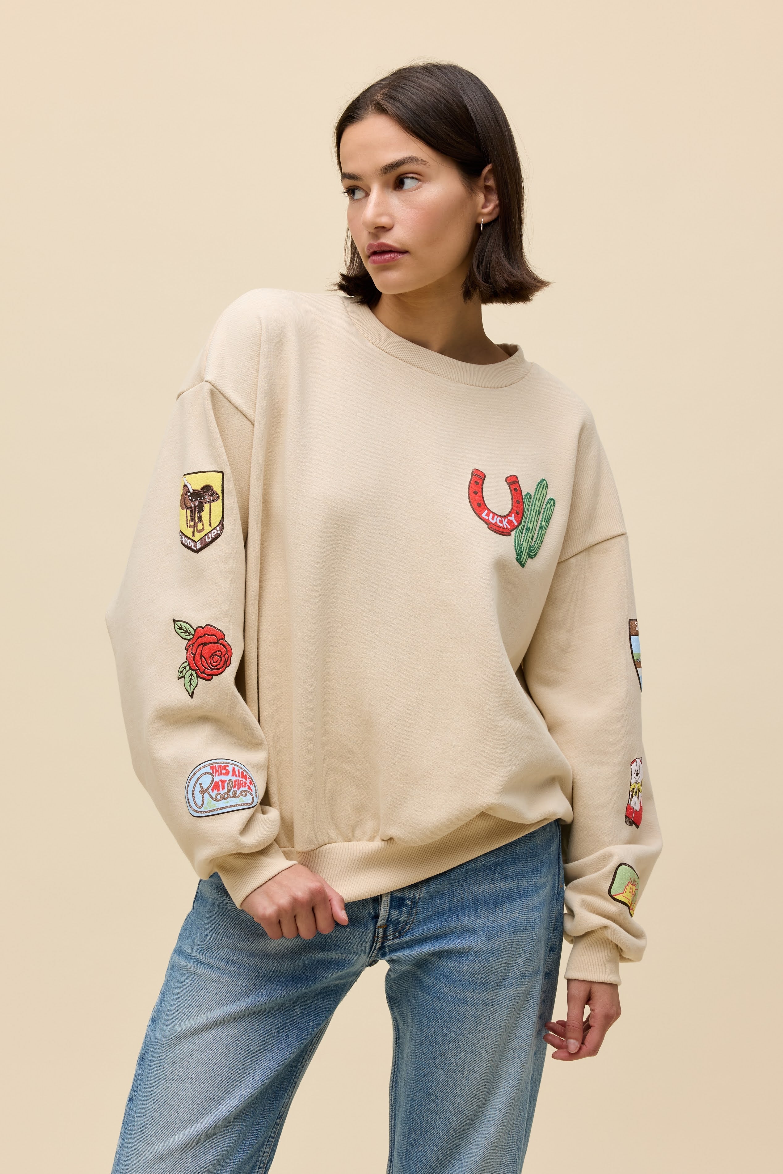 western patches oversized crew sweatshirt